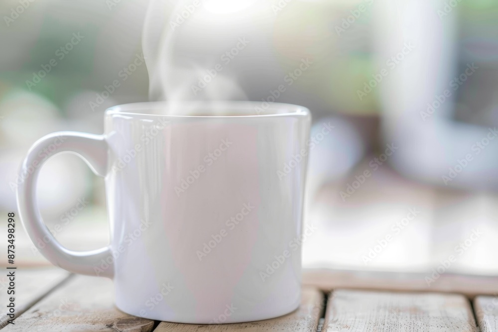 A white mug with steam rising from it sits on a wooden table, bathed in soft sunlight A white mug with steam rising from it sits on a wooden table, bathed in soft sunlight