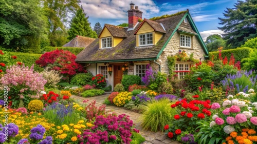 A colorful house with a garden full of flowers