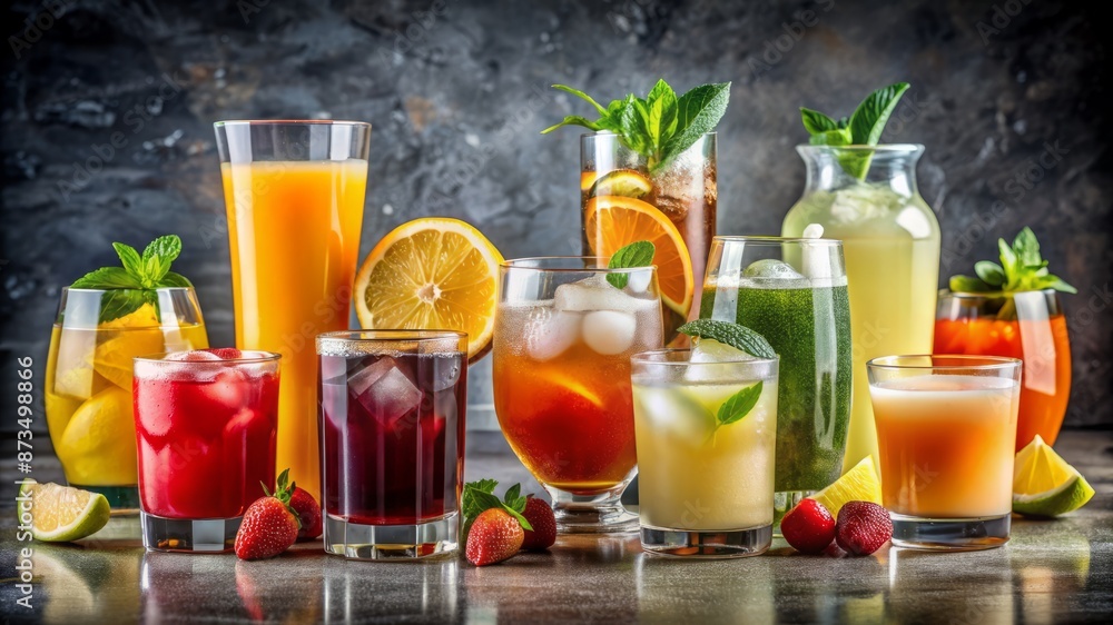 A table full of various drinks including orange juice, lemonade, and iced tea A table full of various drinks including orange juice, lemonade, and iced tea