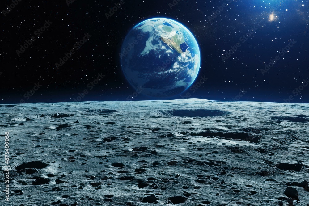Obraz premium Breathtaking view of earth rising above the moon's horizon against a starry sky backdrop