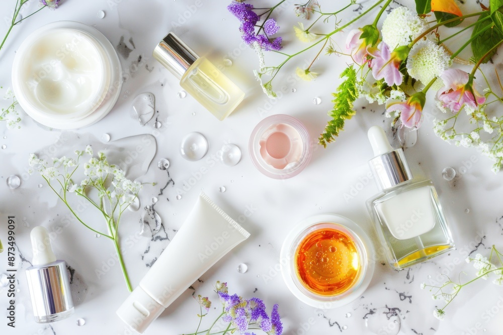 A collection of skincare products, including creams, oils, and serums, arranged on a white marble surface with delicate flowers, hinting at a luxurious and refreshing skincare routine A collection of skincare products, including creams, oils, and serums, arranged on a white marble surface with delicate flowers, hinting at a luxurious and refreshing skincare routine