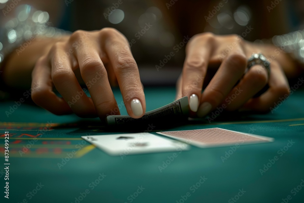 Player's hands revealing cards on a casino table in a high-stakes poker game with bright lights in the background Player's hands revealing cards on a casino table in a high-stakes poker game with bright lights in the background