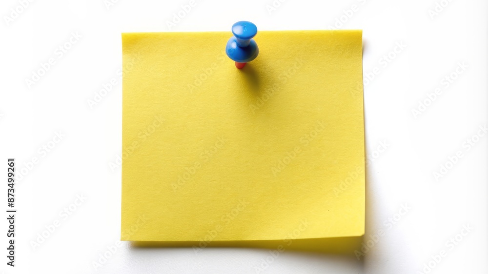 A yellow sticky note with a blue pin on it A yellow sticky note with a blue pin on it