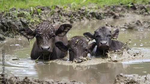 Baby buffalos wallowing in the green mud. © Animals