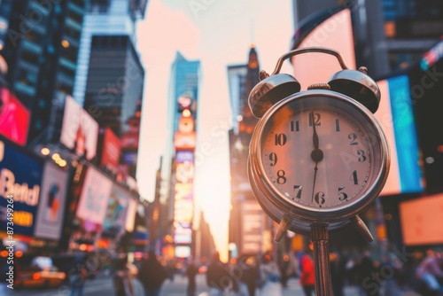 A vintage alarm clock sits in the heart of Times Square, its hands frozen at the stroke of midnight. The bustling city life swirls around it, a blur of neon lights and hurried footsteps