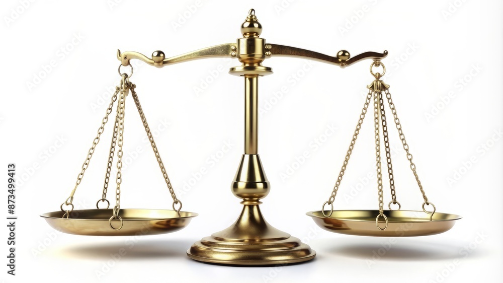 A gold scale with two plates hanging from it A gold scale with two plates hanging from it
