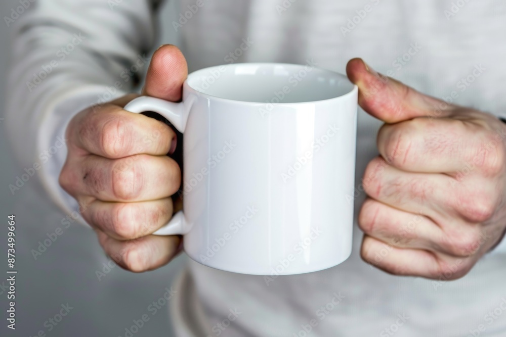 A close-up of a hand holding a plain white mug, ready to be filled with a warm beverage and the promise of a fresh start A close-up of a hand holding a plain white mug, ready to be filled with a warm beverage and the promise of a fresh start
