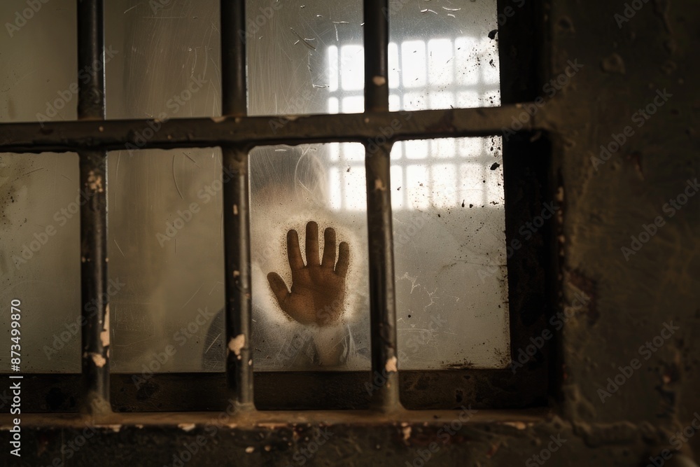 A hand presses against the glass of a prison cell window, reaching out towards the outside A hand presses against the glass of a prison cell window, reaching out towards the outside