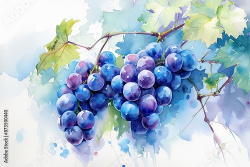 Artistic watercolor rendition of a vibrant bunch of grapes with vivid green foliage
