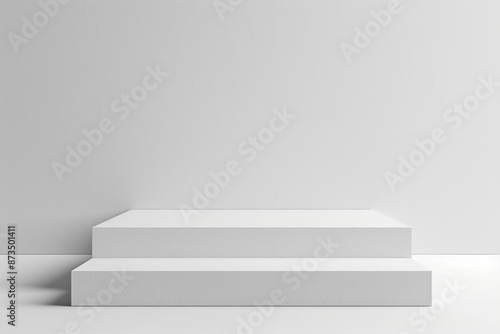 White empty podium against a white wall. Two rectangular steps in the form of a podium, stages for product presentation.