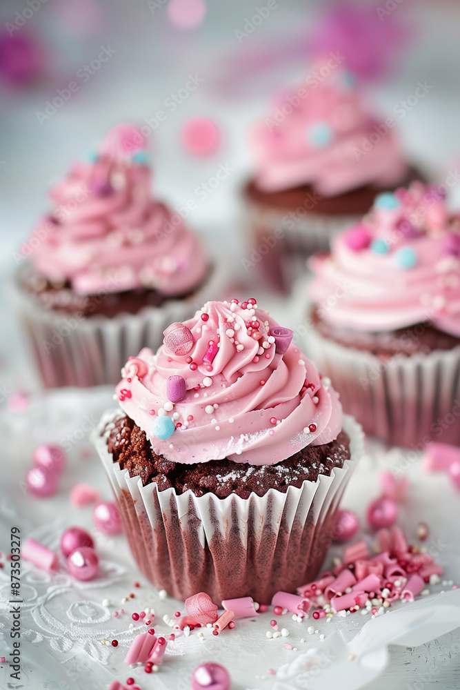 Chocolate Cupcakes with Pink Frosting and Sprinkles. Generative AI Chocolate Cupcakes with Pink Frosting and Sprinkles. Generative AI