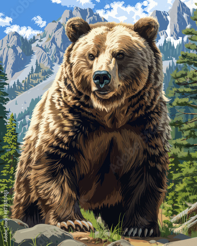 Realistic illustration of a majestic bear standing in a forest with mountains in the background, capturing the strength and beauty of wildlife, ideal for nature-themed art and rustic decor.
