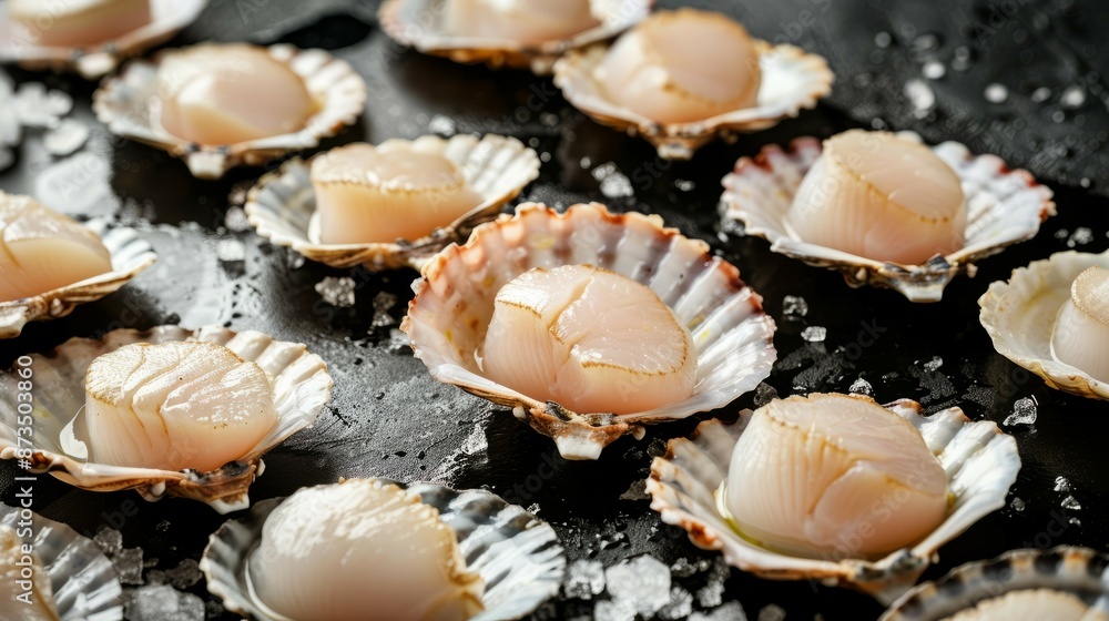 Fresh scallops on ice - seafood delights. Discover the exquisite taste of fresh scallops, perfectly chilled and ready to be enjoyed. This image captures the delicate beauty of these seafood treasures. Fresh scallops on ice - seafood delights. Discover the exquisite taste of fresh scallops, perfectly chilled and ready to be enjoyed. This image captures the delicate beauty of these seafood treasures.