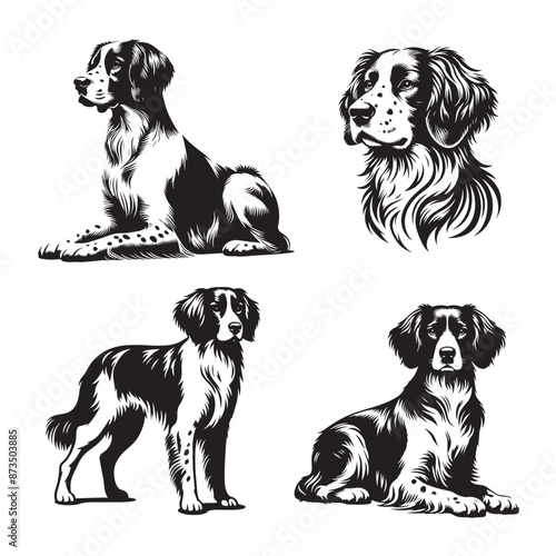 Canvastavla Vector Styled Brittany Spaniel Silhouette Set, Black and White Brittany Spaniel