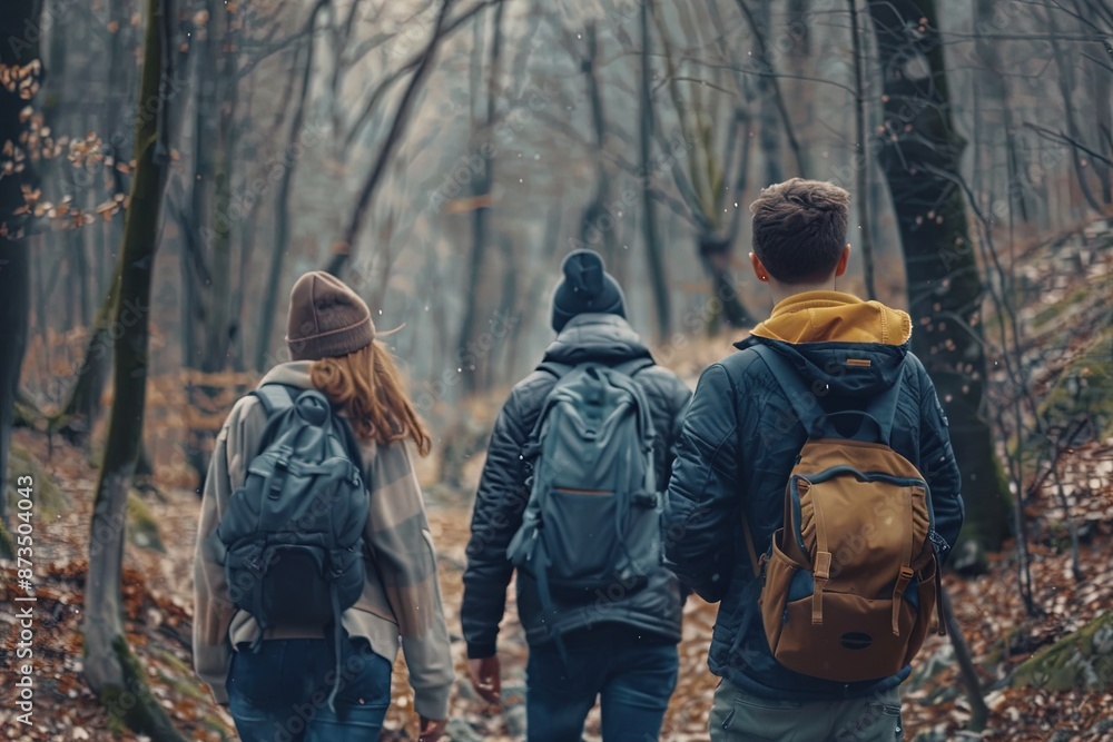 Friends enjoying a hike through the forest trail Friends enjoying a hike through the forest trail