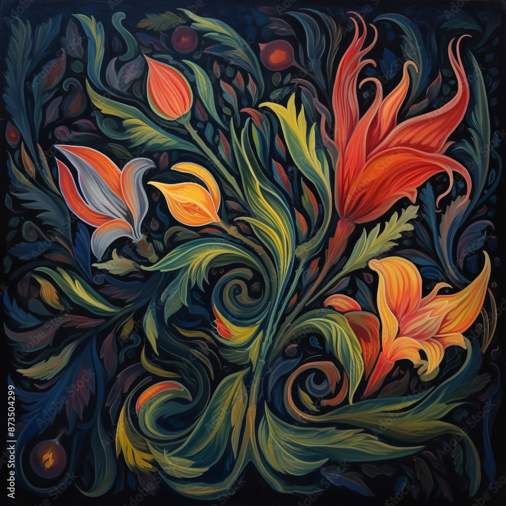 This is a beautiful artwork featuring flowers and leaves set against a dark black background, showcasing creativity and artistic expression This is a beautiful artwork featuring flowers and leaves set against a dark black background, showcasing creativity and artistic expression