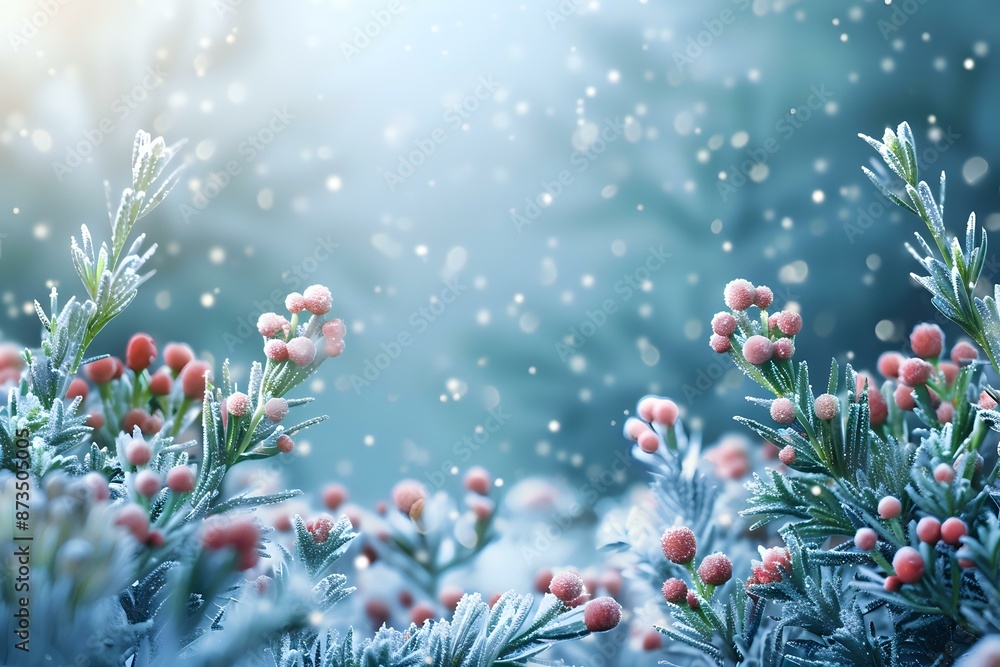 Φωτογραφία Frost-covered berries and evergreen branches in a snowy landscape, perfect for winter, holiday, and nature-themed projects, capturing the beauty of the season
