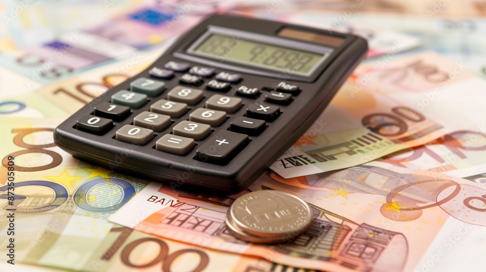 calculator and Euro banknotes on white background calculator and Euro banknotes on white background