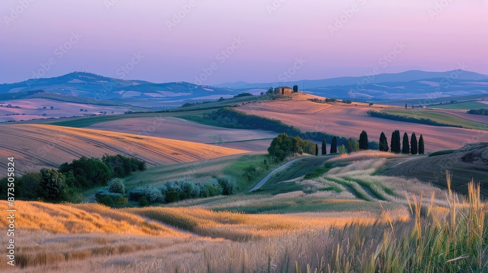 Obraz premium Scenic view of wheat fields at dusk