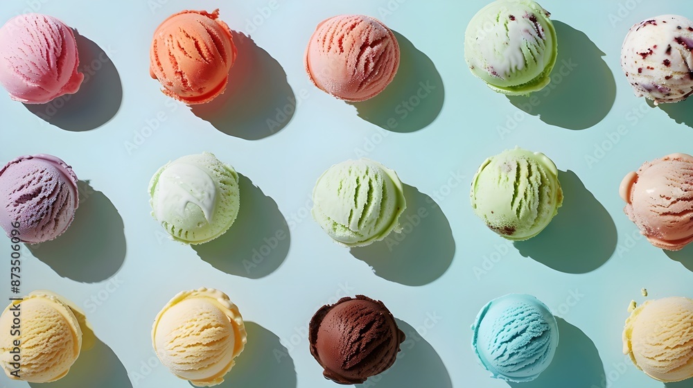 Minimalist ice cream scoops on pastel background lots of different varieties of flavors Minimalist ice cream scoops on pastel background lots of different varieties of flavors