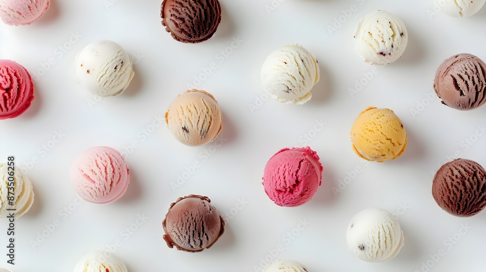 Minimalist ice cream scoops on pastel background lots of different varieties of flavors Minimalist ice cream scoops on pastel background lots of different varieties of flavors