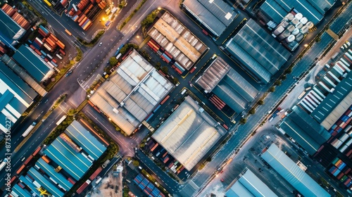 An industrial warehouse complex filled with products and machinery, illustrating the backbone of international commerce, photography style