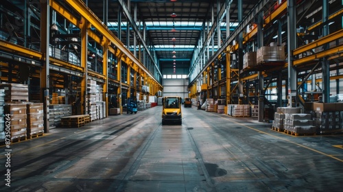 An industrial warehouse complex filled with products and machinery, illustrating the backbone of international commerce, photography style © Kassa