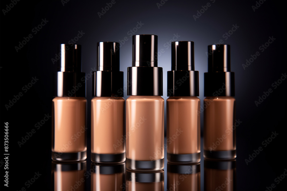Many bottles of makeup foundation on dark background. Cosmetic product presentation. Copy space, nude colors Many bottles of makeup foundation on dark background. Cosmetic product presentation. Copy space, nude colors