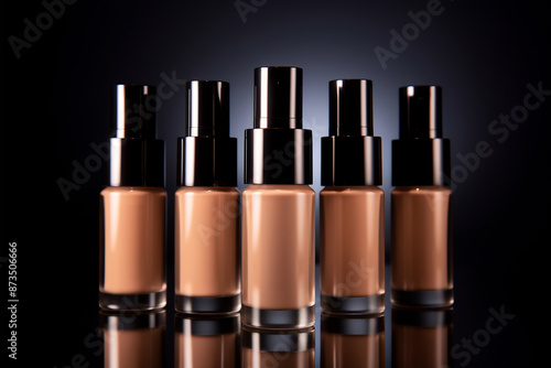 Many bottles of makeup foundation on dark background. Cosmetic product presentation. Copy space, nude colors