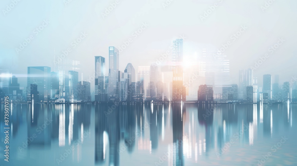 Fototapeta premium Cityscape with Reflections and a Hazy Atmosphere