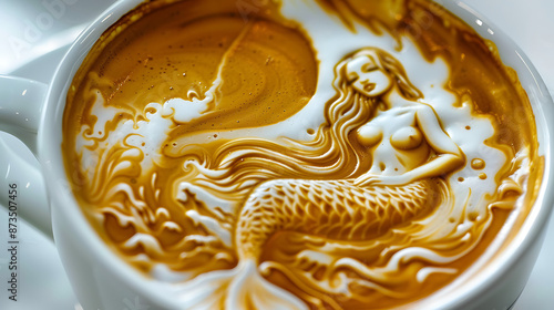 High contrast work. A captivating and unique masterpiece of coffee art, born from the genius of a creative mind. The pristine whitesurface serves as a canvas, visible only at the edges of the frame photo