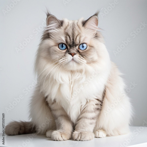 Persian sweet cat with blue eyes sitting on the white table.