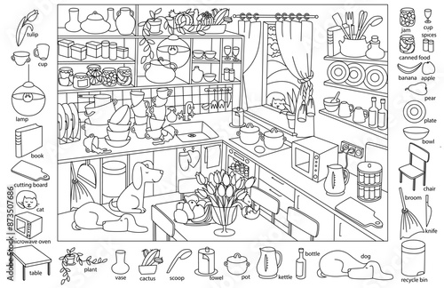 Find and color hidden objects in the picture. Kitchen interior with furniture and home objects. Cozy family eating room. Linear sketch vector illustration.