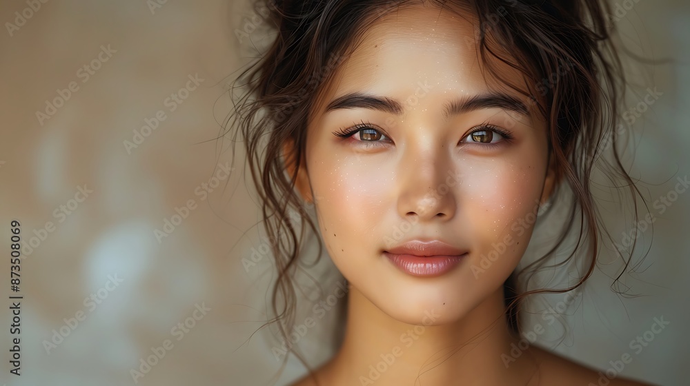 Close-up portrait of young Asian beautiful woman with K-beauty make up style and healthy and perfect skin isolated on beige background for skincare commercial product advertising. Close-up portrait of young Asian beautiful woman with K-beauty make up style and healthy and perfect skin isolated on beige background for skincare commercial product advertising.