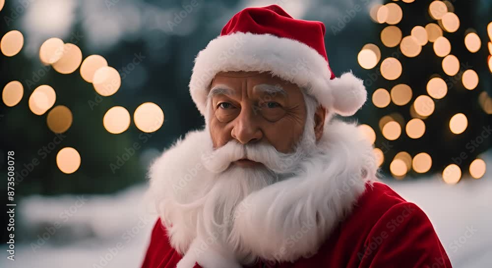 Santa claus is standing in a snowy forest, surrounded by twinkling christmas lights, wearing a traditional red suit with white fur trim Santa claus is standing in a snowy forest, surrounded by twinkling christmas lights, wearing a traditional red suit with white fur trim