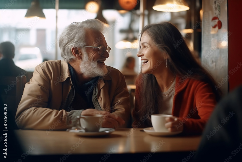 Cheerful middle age couple sitting at a cafe. Man and woman sitting at a restaurant table and smiling Cheerful middle age couple sitting at a cafe. Man and woman sitting at a restaurant table and smiling