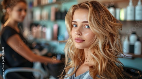 A woman with soft curls highlights her elegant look in a salon environment, representing modern grooming practices and the dedication to contemporary feminine beauty standards.