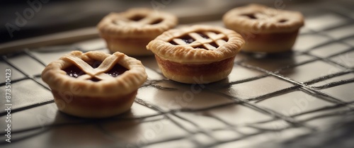 Four tiny pies made of pastry with visible fillings sitting side by side. photo