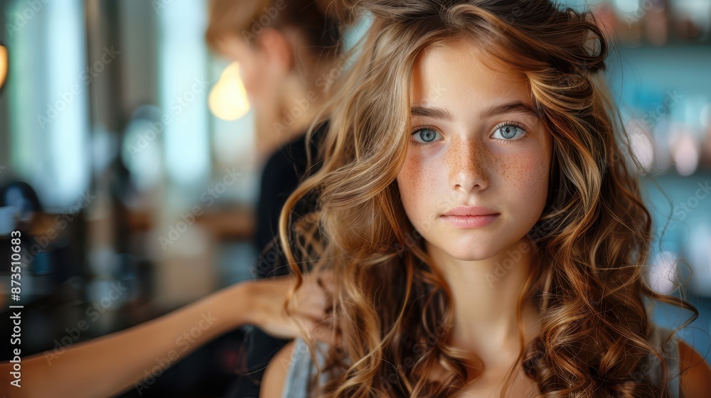 Freckle-faced young girl with stunning blue eyes and voluminous curly hair, receiving hair treatment in a modern salon, surrounded by professional tools. Freckle-faced young girl with stunning blue eyes and voluminous curly hair, receiving hair treatment in a modern salon, surrounded by professional tools.