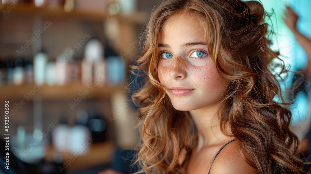 Young girl with blue eyes and lush curly hair, photographed in a hair salon setting, with a professional hairstylist working in the background amid salon equipment. Young girl with blue eyes and lush curly hair, photographed in a hair salon setting, with a professional hairstylist working in the background amid salon equipment.