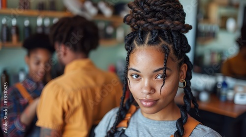 A young woman with beautiful braids is seated in a stylish salon, getting her hair done by a professional stylist. The salon is filled with equipment and products, giving a modern and vibrant feel.