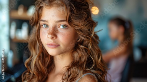 Young girl with striking blue eyes and curly hair, in a serene salon setting, seated while a hairstylist attends to her amidst beautifully arranged salon products. © Lens Legacy