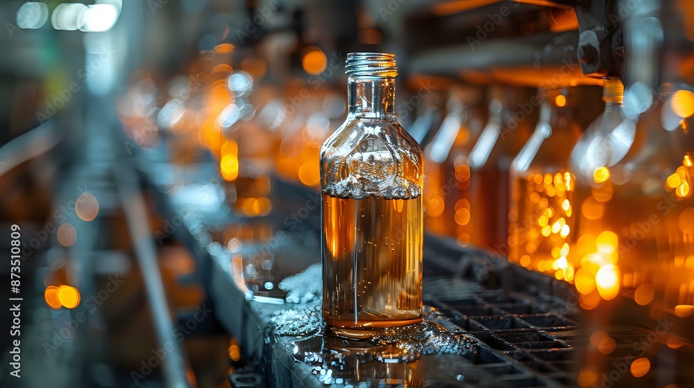 A row of glass bottles being filled with amber liquid on an industrial production line, perfect for themes of manufacturing, beverage production, and industrial processes. A row of glass bottles being filled with amber liquid on an industrial production line, perfect for themes of manufacturing, beverage production, and industrial processes.