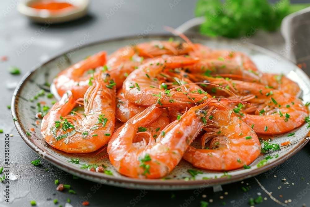 Succulent whole cooked shrimp garnished with herbs, ready to be served Succulent whole cooked shrimp garnished with herbs, ready to be served