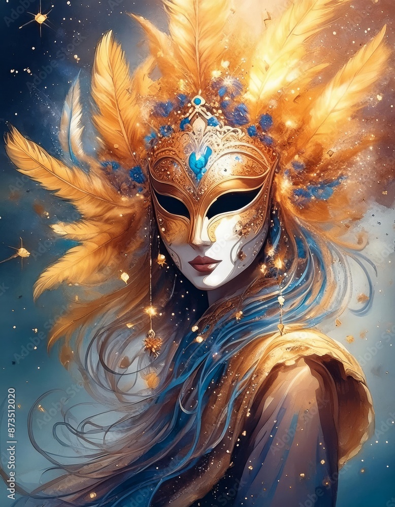 The woman is adorned in a carnival mask crowned with elegant feathers, creating a striking headpiece for the event. The design is a blend of fashion, art, and natural materials The woman is adorned in a carnival mask crowned with elegant feathers, creating a striking headpiece for the event. The design is a blend of fashion, art, and natural materials