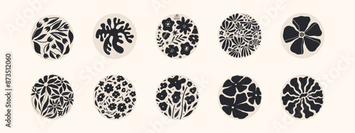 Abstract groovy floral posters. Modern trendy Matisse minimal style. Hand drawn round shape design for wallpaper, wall decor, print, postcard, cover, template, banner. Black and beige colors