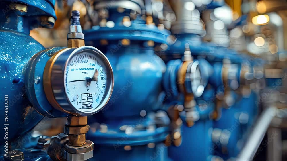Industrial pressure gauge on pipes in the workshop of an oil and gas processing plant, pressure gauge in boiler room Industrial pressure gauge on pipes in the workshop of an oil and gas processing plant, pressure gauge in boiler room