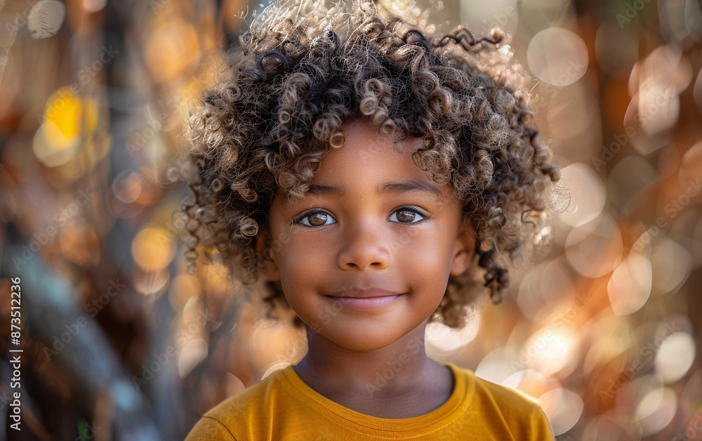 A young child with curly hair, wearing a yellow shirt, stands in a blurry outdoor setting with a bright, happy smile A young child with curly hair, wearing a yellow shirt, stands in a blurry outdoor setting with a bright, happy smile