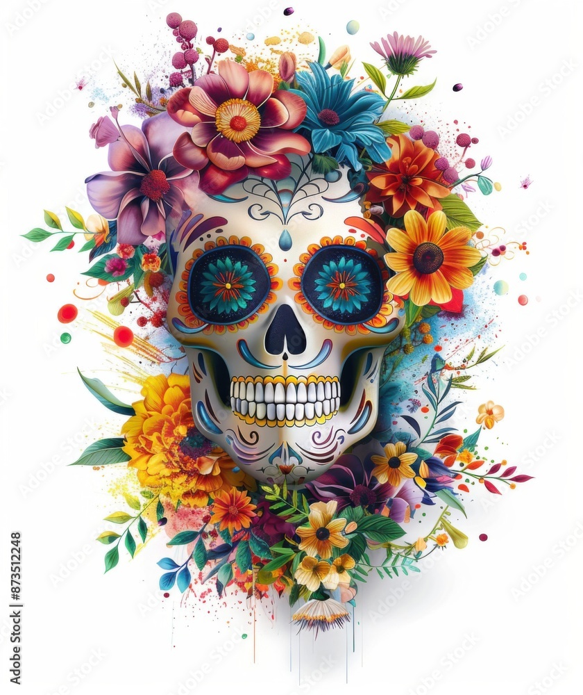 Vibrant Floral Sugar Skull Art on White Background