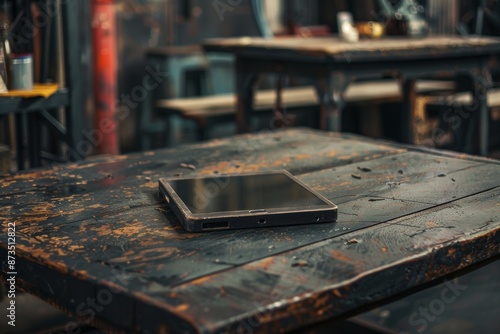 Tablet on a wooden table in a cafe, close-up